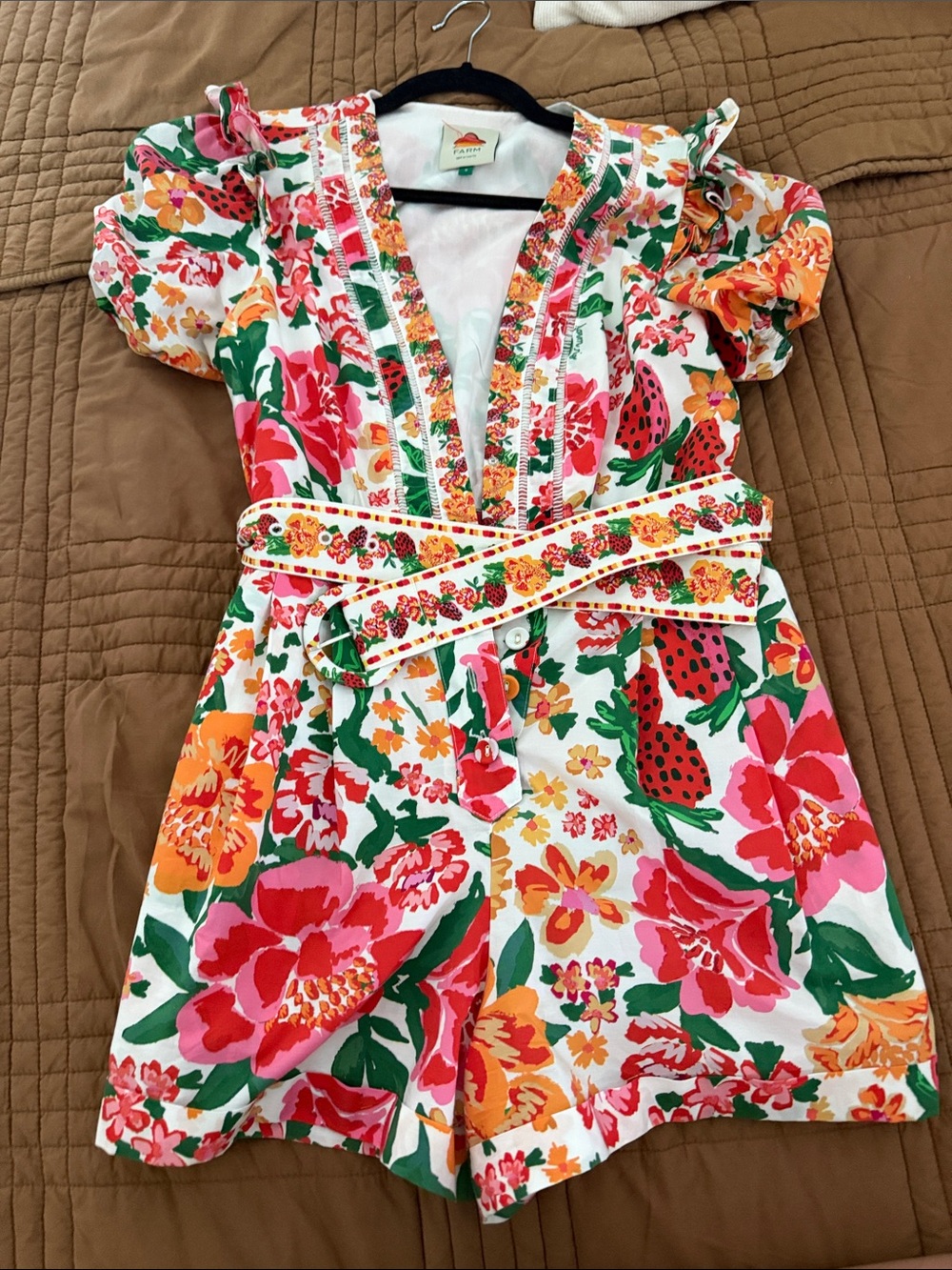 FARM Rio White Floral Print Romper with Pink, Red, Orange & Green - Picture 1 of 5